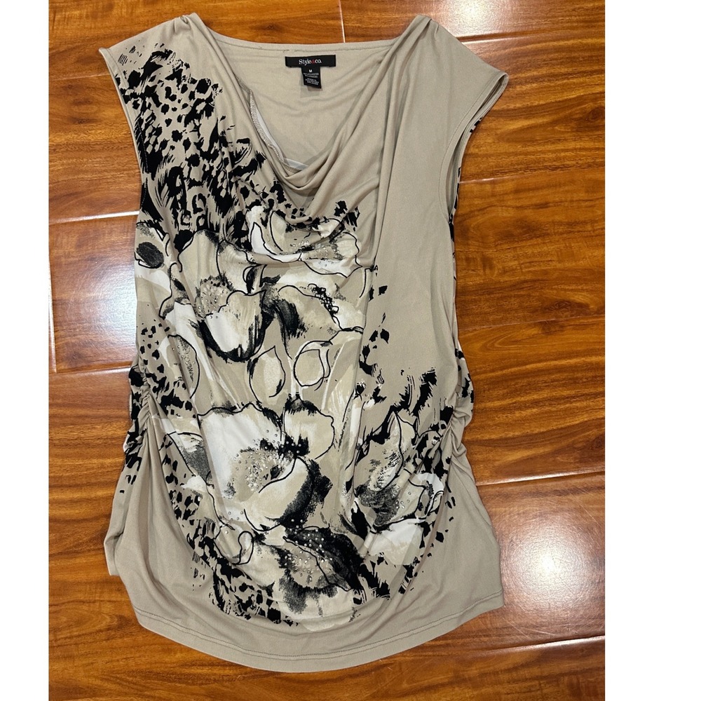 Style & Co Womens Beige Floral Leopard Cowl Neck Ruched Top Rhinestone Size M